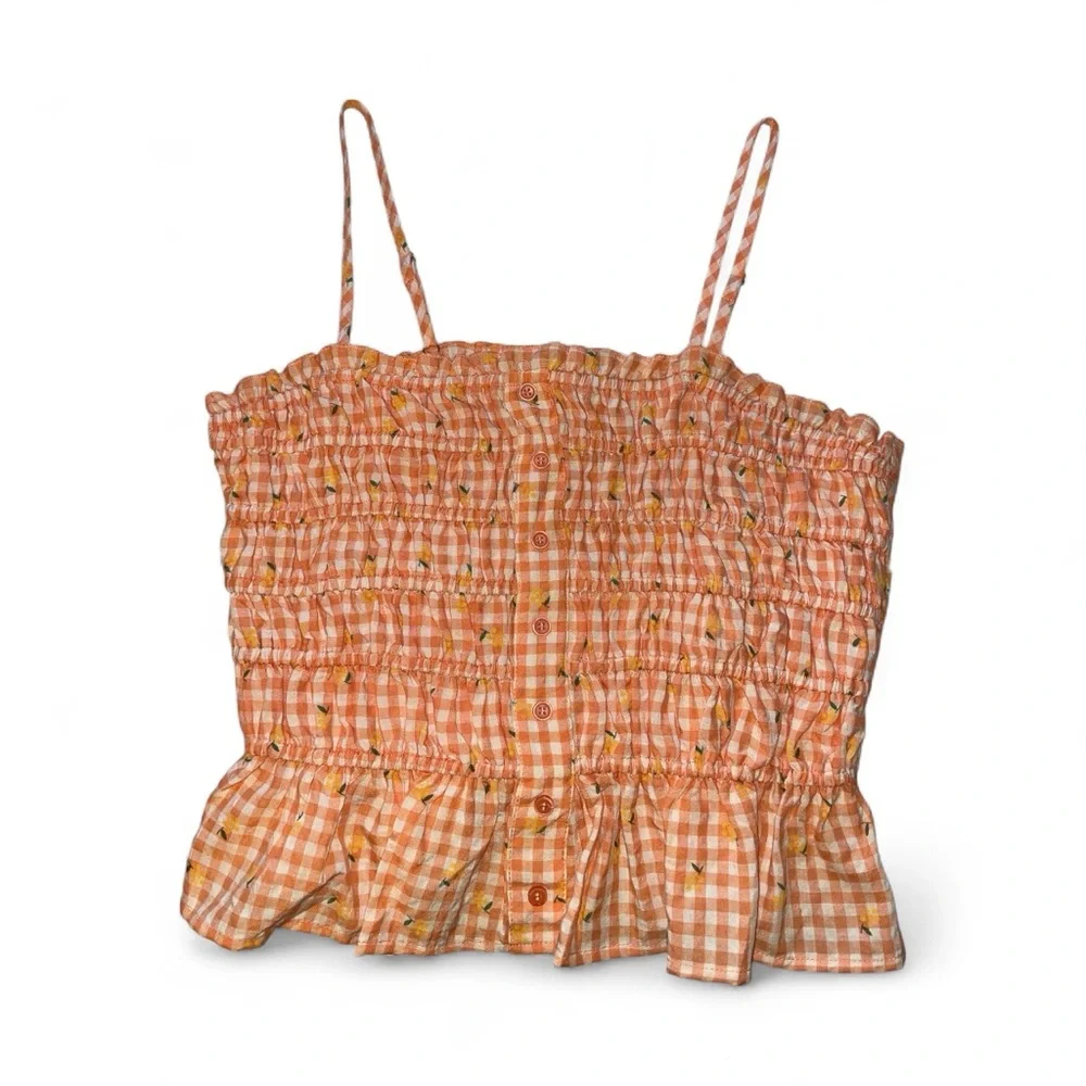 Greylin Orange Smocked Peplum Crop Top with Yellow Flower Pattern Detail - Picture 6 of 6